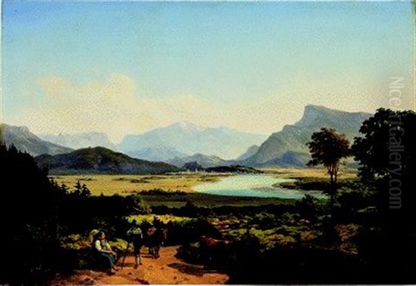 Bayerische Voralpenlandschaft Mit Hirtenpaar Und Kuhen Oil Painting by Johann Georg Haeselich