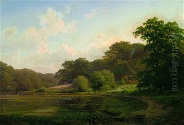 Bauernhof Am See Oil Painting by Johann Georg Haeselich