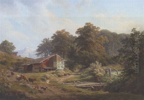 Bauernhaus In Gebirgslandschaft Oil Painting by Johann Georg Haeselich