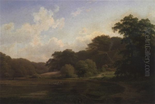 Bauernhof Am See Oil Painting by Johann Georg Haeselich