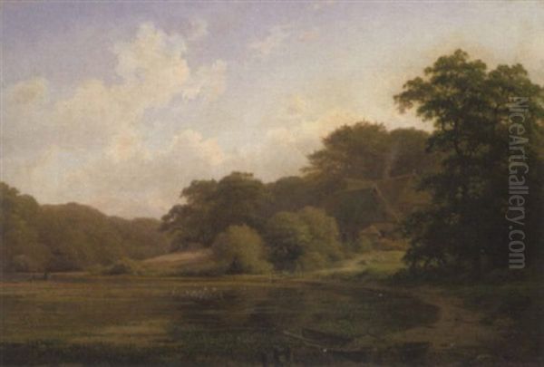 Bauernhof Am See Oil Painting by Johann Georg Haeselich