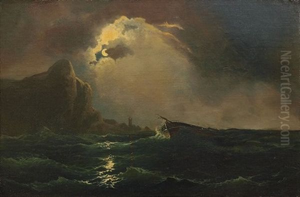 Nachtliche Kustenlandschaft Mit Gestrandetem Schiffswrack Oil Painting by Carl (Baron von) Hafften