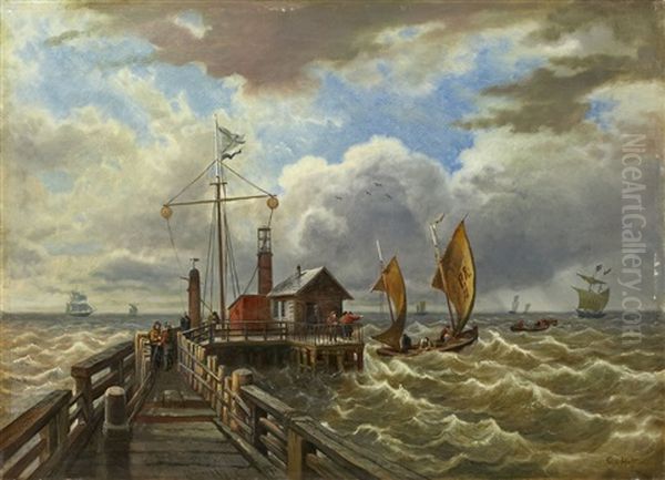 Marine Mit Pier Und Schiffen Im Sturm Oil Painting by Carl (Baron von) Hafften