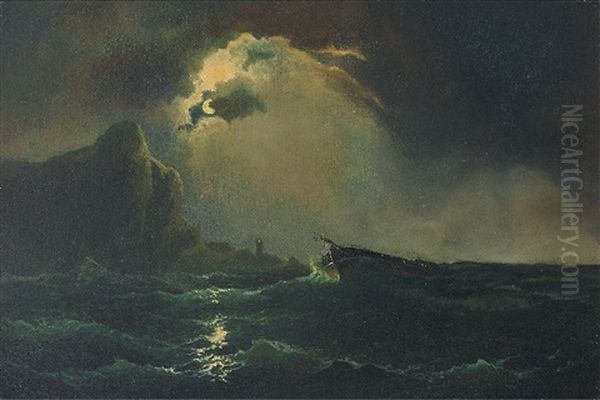 Abendliche Sturmische Marine Mit Steilkuste Und Gestrandetem Schiffswrack Oil Painting by Carl (Baron von) Hafften