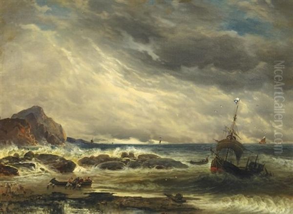 An Sturmischer Kuste. Seeleute Eilen Einem In Not Geratenen Schiff Zur Hilfe Oil Painting by Carl (Baron von) Hafften