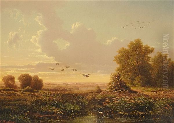 Fliegende Enten Uber Dem Dachauer Moos Oil Painting by Carl Hafner