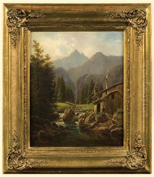 Mountain Landscape With A Hut Oil Painting by Carl Hafner