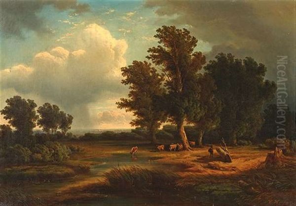 Wolkenverhangene Sommerlandschaft Mit Viehherde An Einem Gewasser Oil Painting by Carl Hafner