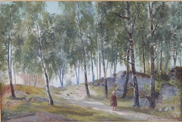 Flicka Gar Genom Bjorkdunge Oil Painting by Axel Gillis Hafstrom