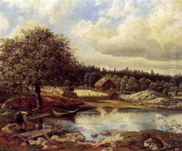 Kvinde Vasker Toj Ved Strandbreden Oil Painting by Axel Gillis Hafstrom