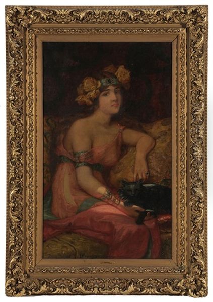 Woman With Jeweled And Rose Bloom Headdress, Wearing A Silk Dress, Seated On A Sofa And Holding A Black Cat Oil Painting by James Hagaman