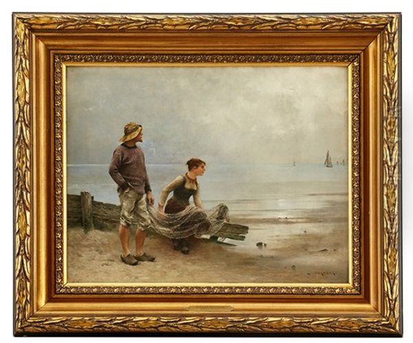 Fiskare Pa Stranden Oil Painting by August Vilhelm Nikolaus Hagborg