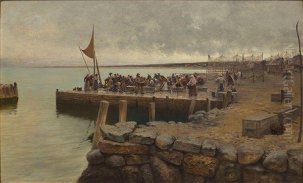 Fiskare I Torekovs Hamn (fishermen In The Harbour Of Torekov, Sweden) Oil Painting by August Vilhelm Nikolaus Hagborg