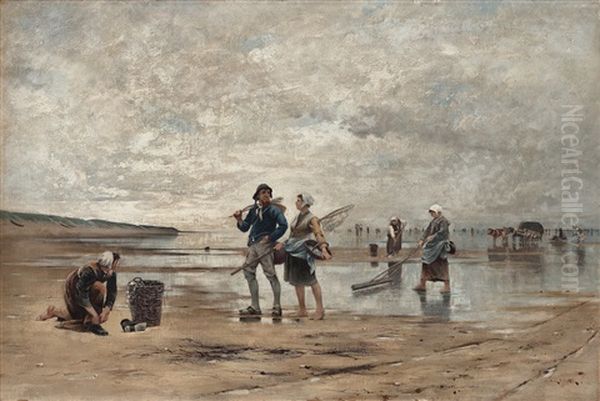 Shellfish Fishing At Low Tide, Scene From Normandy Oil Painting by August Vilhelm Nikolaus Hagborg