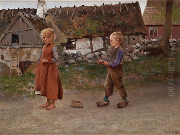 Children Playing Oil Painting by August Vilhelm Nikolaus Hagborg