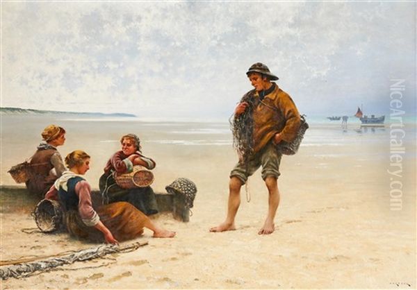 Ostronplockare Pa Stranden I Bretagne Oil Painting by August Vilhelm Nikolaus Hagborg