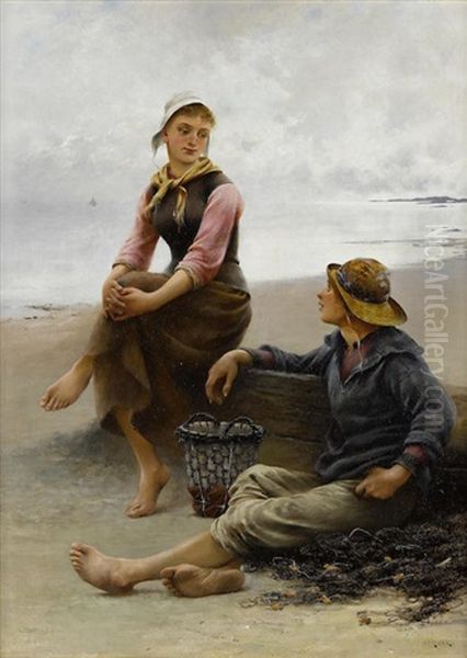 Conversation By The Sea 32 By Oil Painting by August Vilhelm Nikolaus Hagborg