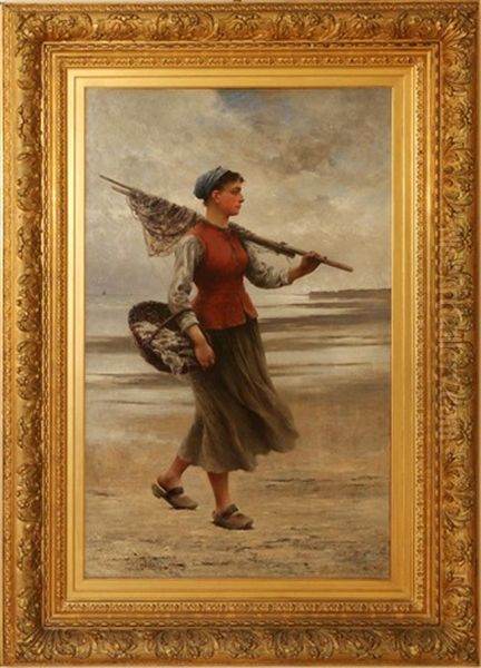 French Bretagne Fisherwoman Along The Coast Carrying A Basket Of Oysters, Holding A Net Oil Painting by August Vilhelm Nikolaus Hagborg