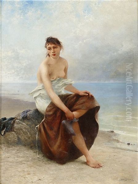 Kvinna Vid Strandkanten Oil Painting by August Vilhelm Nikolaus Hagborg