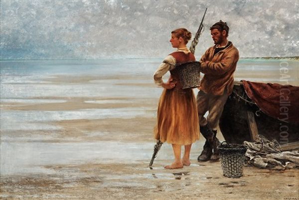 Strandbild Med Fiskare Oil Painting by August Vilhelm Nikolaus Hagborg