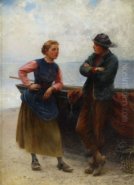 Konversation Pa Stranden, Bretagne Oil Painting by August Vilhelm Nikolaus Hagborg