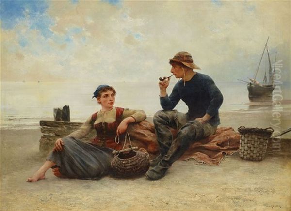 Flirt Pa Stranden, Bretagne Oil Painting by August Vilhelm Nikolaus Hagborg