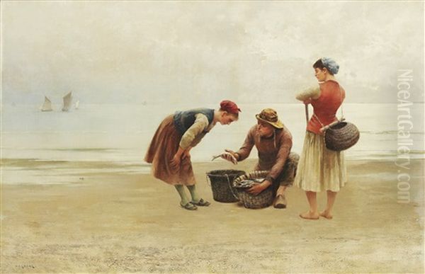 Ostronplockerskor Och Fiskare Oil Painting by August Vilhelm Nikolaus Hagborg