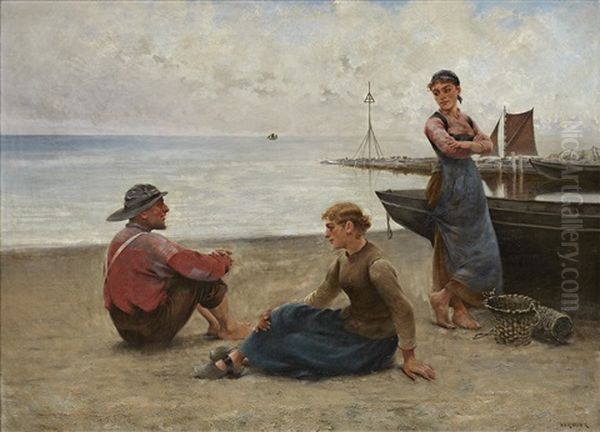 Pa Stranden I Bretagne Oil Painting by August Vilhelm Nikolaus Hagborg