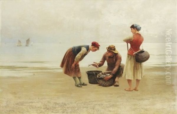 Ostronplockerskor Och Fiskare, Bretagne Oil Painting by August Vilhelm Nikolaus Hagborg