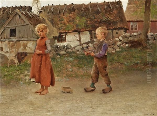 Child's Play Oil Painting by August Vilhelm Nikolaus Hagborg