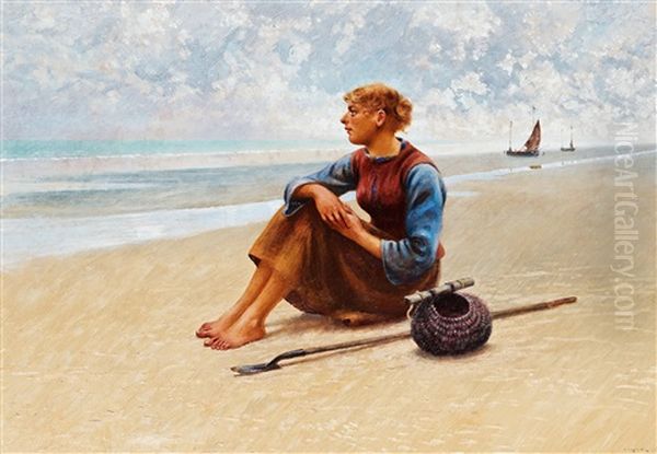 Fisherwoman On The Coast Oil Painting by August Vilhelm Nikolaus Hagborg