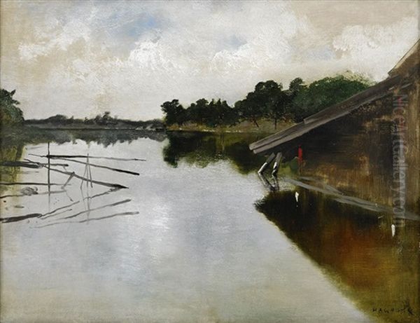 Sjoboden Oil Painting by August Vilhelm Nikolaus Hagborg