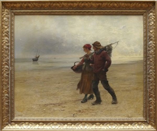 Fiskare Och Musselplockerska Oil Painting by August Vilhelm Nikolaus Hagborg