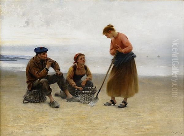 Musselplockerskor Pa Stranden Oil Painting by August Vilhelm Nikolaus Hagborg