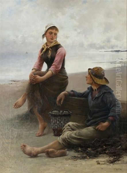 Conversation By The Sea Oil Painting by August Vilhelm Nikolaus Hagborg