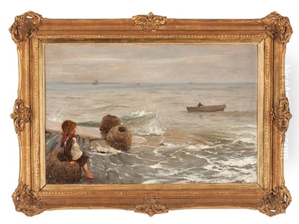 Flicka Vid Kaj Oil Painting by August Vilhelm Nikolaus Hagborg