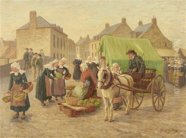 Market In Brittany Oil Painting by August Vilhelm Nikolaus Hagborg