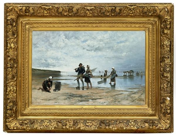 Fiskare Och Musselplockerskor Pa Stranden I Bretagne Oil Painting by August Vilhelm Nikolaus Hagborg