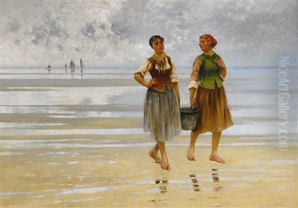 Musselplockerskor Pa Stranden by August Vilhelm Nikolaus Hagborg