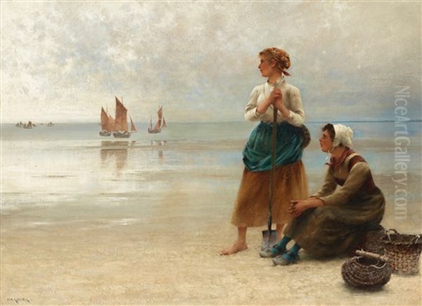 Ostronplockerskor, Bretagne Oil Painting by August Vilhelm Nikolaus Hagborg