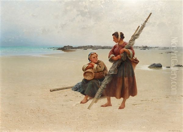 Ostronplockerskor, Bretagne Oil Painting by August Vilhelm Nikolaus Hagborg