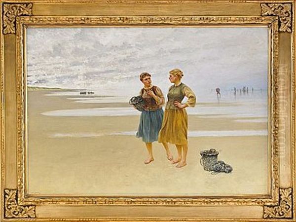 Musselplockerskor Pa Stranden Oil Painting by August Vilhelm Nikolaus Hagborg