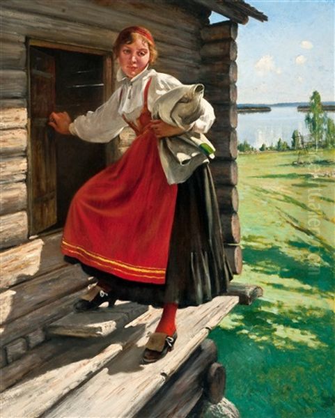 Girl In Mora Dress Oil Painting by August Vilhelm Nikolaus Hagborg