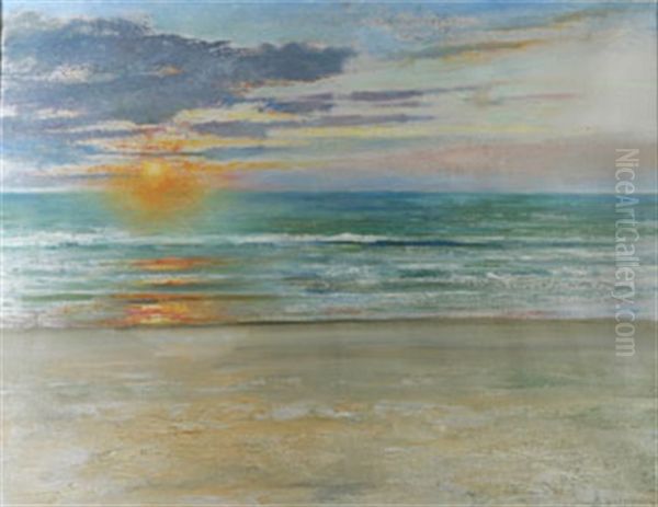 Havsstrand I Solnedgang Oil Painting by August Vilhelm Nikolaus Hagborg