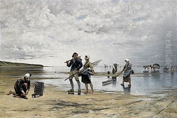 Fiskare Och Musselplockerska Pa Stranden I Bretagne Oil Painting by August Vilhelm Nikolaus Hagborg