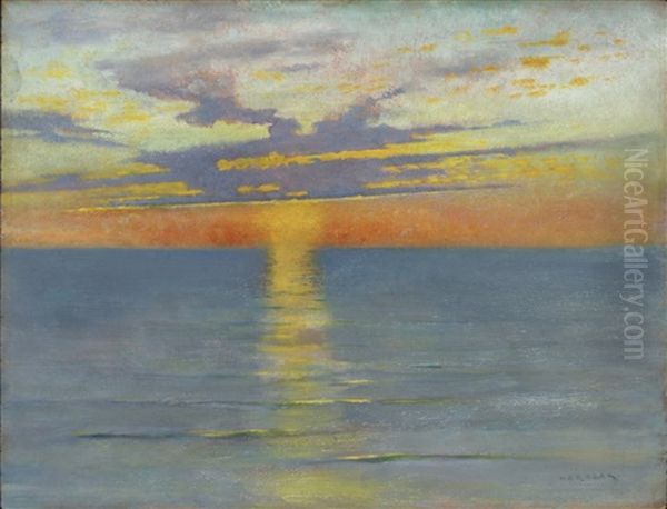 Solnedgang Over Havet Oil Painting by August Vilhelm Nikolaus Hagborg