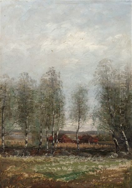 Bjorkar Vid Gardesgard Oil Painting by August Vilhelm Nikolaus Hagborg