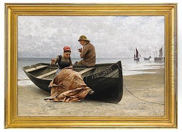 Fiskare Och Flicka Pa Stranden I Bretagne Oil Painting by August Vilhelm Nikolaus Hagborg