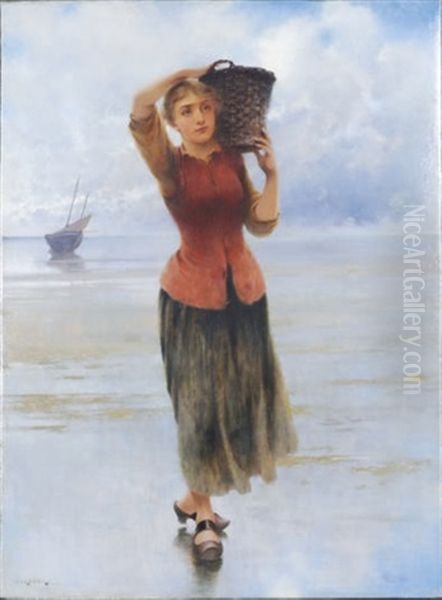 Fisherwoman On The Beach Oil Painting by August Vilhelm Nikolaus Hagborg