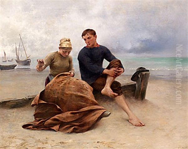 Ungt Par Pa Stranden by August Vilhelm Nikolaus Hagborg